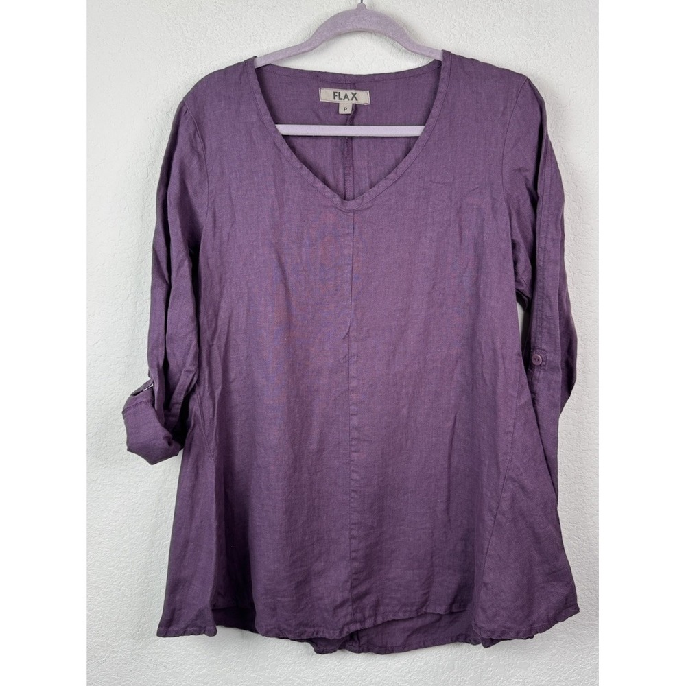 Flax Women's Sz P 4-6 100% Linen Eggplant Top Long Sleeve V Neck Lagenlook Beach